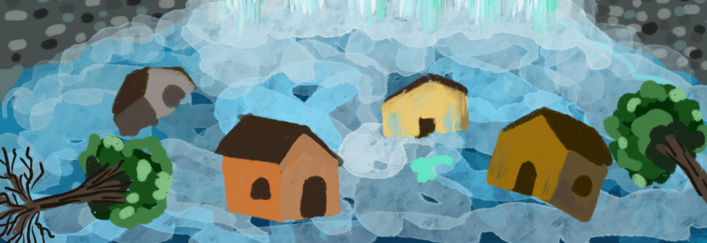Casas sendo inundadas por represa